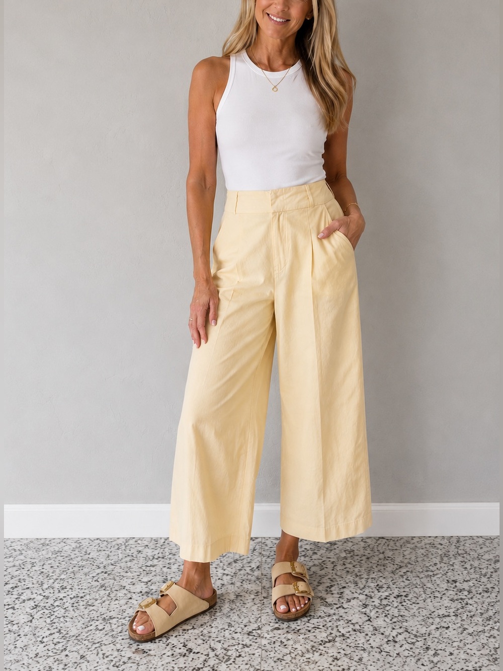 Free People Menorca Cropped Wide Leg Pants Size 2 Butter Yellow High Rise Cotton